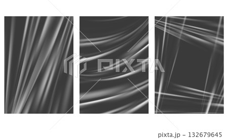 Plastic clear film mockup with transparent effect on black background. Vinyl foil cover background with wrinkles. Textured vector polyethylene bags material with stretches 132679645