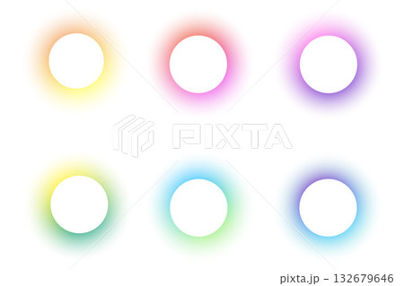 Round frames with light gradient isolated on white background. Holographic soft glowing border design. Modern rainbow geometric blurred template. Pastel futuristic round transparent template. 132679646