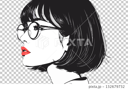 一位戴著眼鏡、留著齊耳短髮的女性側面像。 132679732