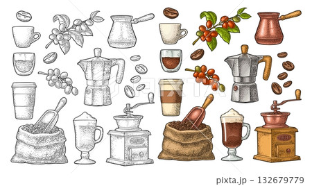 Set coffee. Sugar, beans, spoon, glass latte. Vintage vector engraving 132679779