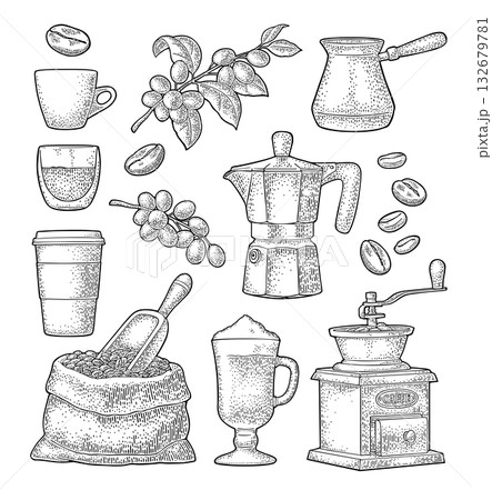 Set coffee. Sugar, beans, spoon, glass latte. Vintage vector engraving Set coffee. Sugar, beans, spoon, glass latte. Vintage vector engraving 132679781
