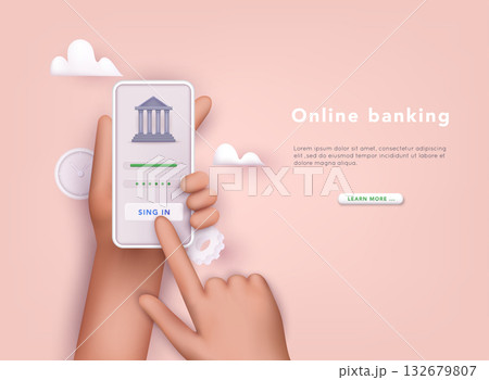 Online banking app on a mobile phone screen. 3D Vector Illustrations. Online banking app on a mobile phone screen. 3D Vector Illustrations. 132679807