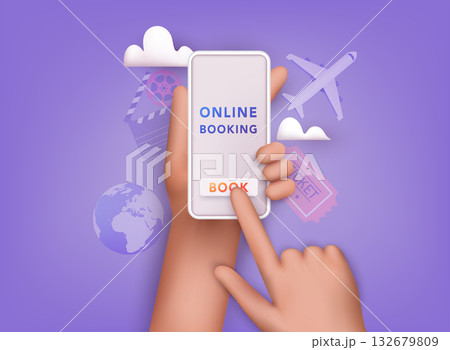 Online booking design concept for mobile phone: hotel, flight, car, tickets. 3D Vector Illustrations. Online booking design concept for mobile phone: hotel, flight, car, tickets. 3D Vector Illustrations. 132679809