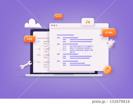 Website programming and coding. Web development and coding. 3D Vector Illustrations. 132679818