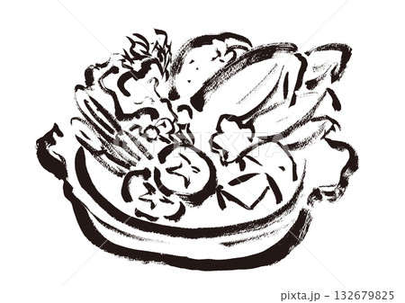 蟹鍋　和風筆書きイラスト　モノクロ 132679825