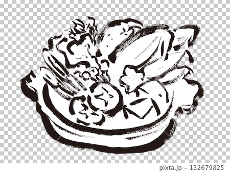 蟹鍋　和風筆書きイラスト　モノクロ 132679825