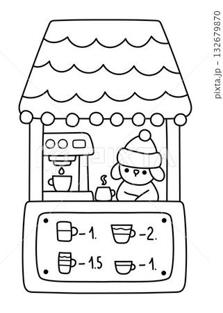 Christmas black and white fair stand with dog selling hot drinks, tea, cacao. Santa Claus market stall with animal barista. New Year winter coffee shop line illustration, coloring page for kids 132679870