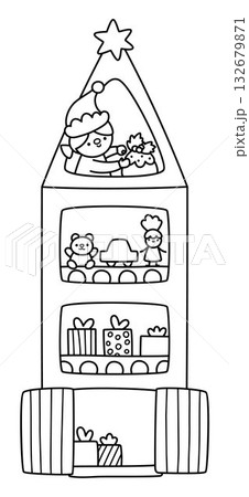 Santa Claus black and white toy factory tower with windows showing conveyor belt with gift boxes, toys and elf making cake. Cute Christmas or New Year plant line illustration, coloring page for kids 132679871