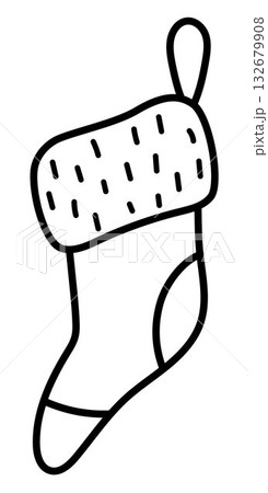 Vector black and white Christmas stocking for presents. Cute winter Santa Claus sock illustration. New Year suspender hose for gifts. Funny cartoon holiday line icon, coloring page 132679908