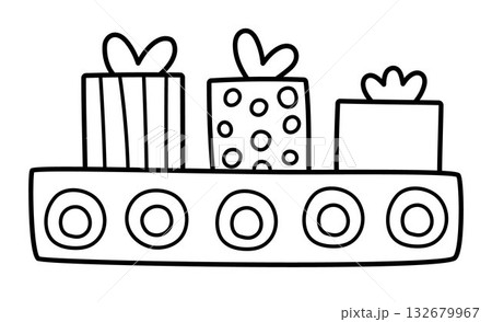 Vector black and white conveyor belt with gift boxes. Santa Claus toy factory element with presents. Cute Christmas or New Year plant line illustration or coloring page for kids 132679967