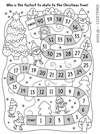 Christmas village black and white board game with animals and elves skating on skates to fir tree. Line races boardgame with snowman, penguin. Winter holiday printable activity, coloring page Christmas village black and white board game with animals and elves skating on skates to fir tree. Line races boardgame with snowman, penguin. Winter holiday printable activity, coloring page 132679968