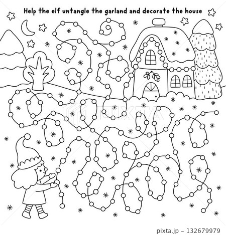 Christmas village black and white maze with elf decorating house with garland. Line labyrinth game with dwarf untangling lights and ornaments. Winter holiday printable activity, coloring page 132679979