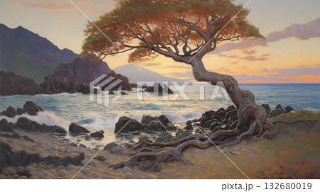 Tropical impressionist landscape with sunset over a seaside beach and unique trees Tropical impressionist landscape with sunset over a seaside beach and unique trees 132680019