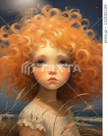 Portrait of a girl with curly orange hair in a naive art style by the ocean at dusk Portrait of a girl with curly orange hair in a naive art style by the ocean at dusk 132680189