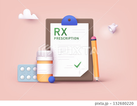 RX medical prescription drug vector illustration. Doctors and pills. Vector rx prescription. 3D Web Vector Illustrations. 132680220