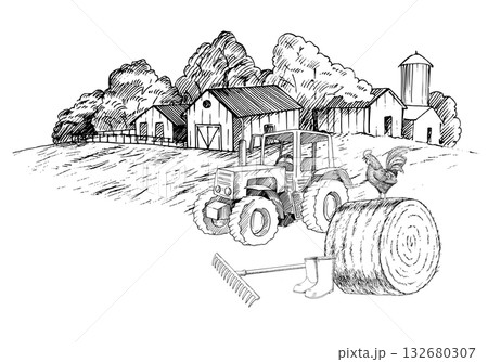 Tractor and the rooster on a haystack on a rural farm landscape Vector ink styled handmade illustration. For packaging design, cards, cover, prints, product labels and fabric. Tractor and the rooster on a haystack on a rural farm landscape Vector ink styled handmade illustration. For packaging design, cards, cover, prints, product labels and fabric. 132680307