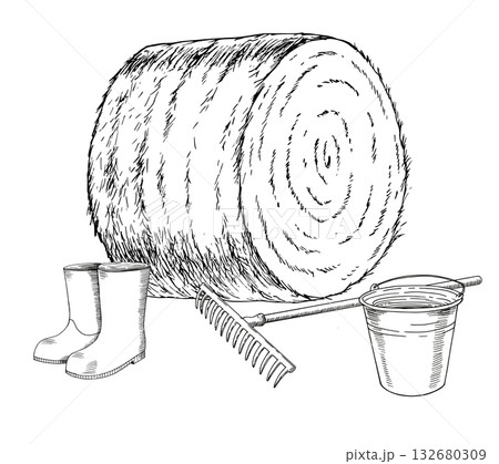 Composition of haystack, rake, bucket and rubber boots. Vector ink styled handmade illustration. For packaging design, cards, cover, prints, product labels and fabric. 132680309
