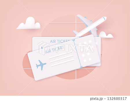 Online ticket concept. Buying tickets with smartphone. Traveling on airplane, planning a summer vacation, tourism. 3D Vector Illustrations. Online ticket concept. Buying tickets with smartphone. Traveling on airplane, planning a summer vacation, tourism. 3D Vector Illustrations. 132680317