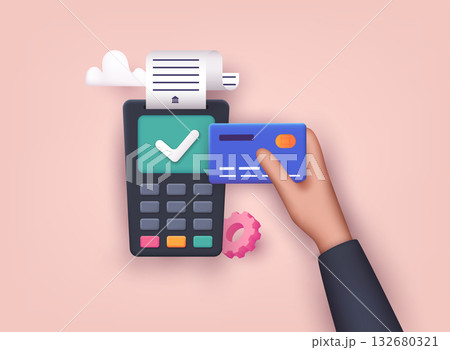 Contactless payment. Male hand holding credit card. Illustration of wireless mobile payment by credit card. 3D Vector Illustrations. 132680321