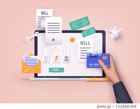 Mobile payment concept. Phone laying down on bill heap. Payment of utility, bank, restaurant and other. 3D Vector Illustrations. 132680366