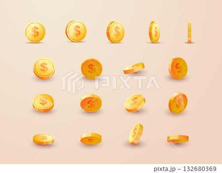 Gold coins set isolated in different positions. Balance profit, income statement and cash flow statement. 3d. Gold coins set isolated in different positions. Balance profit, income statement and cash flow statement. 3d. 132680369