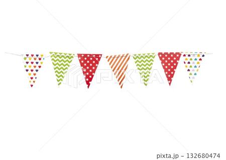 A carnival garland with multicolored flags on a white background. A carnival garland with multicolored flags on a white background. 132680474