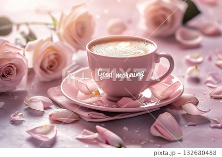 Pink coffee cup with good morning surrounded by roses and petals in a soft romantic scene Pink coffee cup with good morning surrounded by roses and petals in a soft romantic scene 132680488