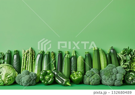 Assorted green vegetables lineup for fresh produce, healthy diet and colorful kitchen display 132680489