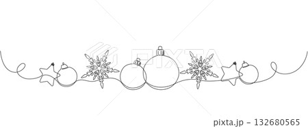 Continuous one line drawing of Merry Christmas decoration. Minimal vector illustration with Christmas balls, stars, tinsel, and snowflakes for festive greeting card or holiday banner. Continuous one line drawing of Merry Christmas decoration. Minimal vector illustration with Christmas balls, stars, tinsel, and snowflakes for festive greeting card or holiday banner. 132680565