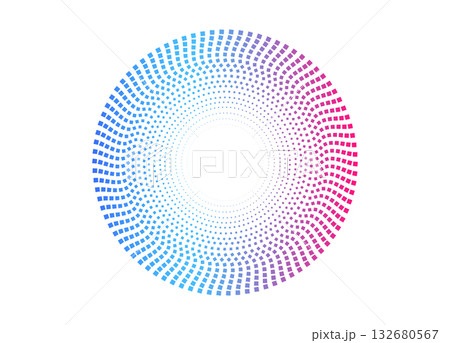 Glowing dotted sound spectrum in circular frame. Neon audio visualization. Vector element for music posters, banners, and digital artwork Glowing dotted sound spectrum in circular frame. Neon audio visualization. Vector element for music posters, banners, and digital artwork 132680567
