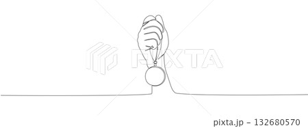 Single line art of hand lifting a trophy. Simple continuous drawing concept for winner celebration, leadership, success and sport achievement design. Single line art of hand lifting a trophy. Simple continuous drawing concept for winner celebration, leadership, success and sport achievement design. 132680570