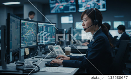 ビジネスシーン:救急コールセンターの風景 ヘッドホンを付けたオペレーター ビジネスシーン:救急コールセンターの風景 ヘッドホンを付けたオペレーター 132680677