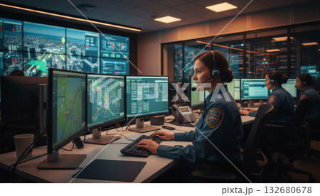 ビジネスシーン：救急コールセンターの風景　ヘッドホンを付けたオペレーター 132680678