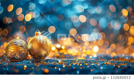 Gold Christmas baubles on a glittering surface with blue and warm bokeh lights 132680853