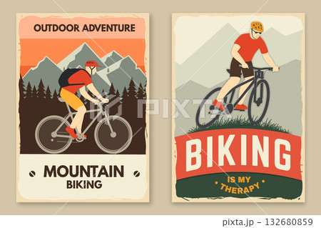 Mountain biking retro posters. Vector illustration. Concept for banner, shirt, print, stamp or biking tourism. Vintage typography design with man riding bike and mountain. Extreme sport. 132680859