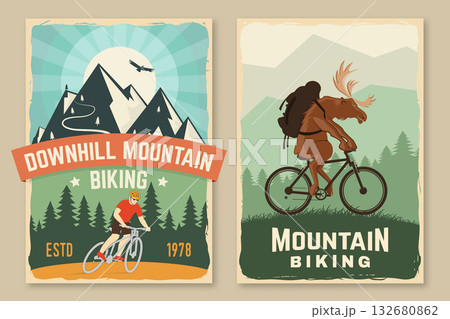 Mountain biking retro posters. Vector. Concept for banner, shirt, print, stamp or biking tourism. Vintage typography design with deer rides, man riding bike and mountain. Extreme sport. Mountain biking retro posters. Vector. Concept for banner, shirt, print, stamp or biking tourism. Vintage typography design with deer rides, man riding bike and mountain. Extreme sport. 132680862