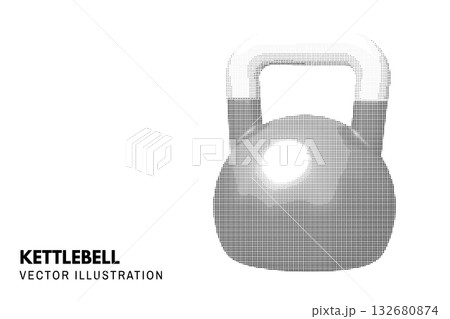 Halftone kettlebell dots style icon. Fitness kettlebell. Sport equipment for exercise with weights, workout. Vector illustration. Circle halftone shape kettlebell 132680874