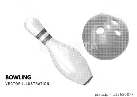 Halftone bowling pin and ball. Black dotted vintage bowling equipment isolated on white background. Vector illustration. Halftone bowling pin and ball. Black dotted vintage bowling equipment isolated on white background. Vector illustration. 132680877
