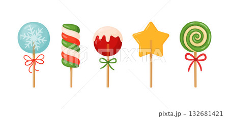 Festive Christmas lollipops with ribbon bows set. Hand drawn flat style isolated Festive Christmas lollipops with ribbon bows set. Hand drawn flat style isolated 132681421