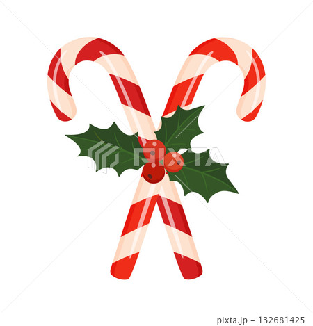 Red and white striped Christmas candy canes with with holly leaves and berries. flat style Red and white striped Christmas candy canes with with holly leaves and berries. flat style 132681425