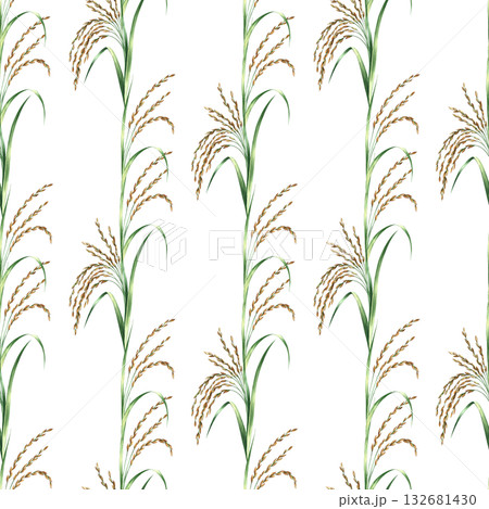 Seamless pattern with rice stalks. Hand-drawn watercolor illustration. Design element for labels, menus, recipes, and cookbooks. For banners, flyers, packaging, and more. Seamless pattern with rice stalks. Hand-drawn watercolor illustration. Design element for labels, menus, recipes, and cookbooks. For banners, flyers, packaging, and more. 132681430