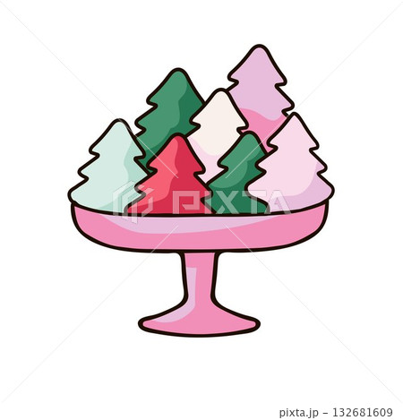 pink pedestal bowl filled with Christmas tree-shaped sweets pink pedestal bowl filled with Christmas tree-shaped sweets 132681609