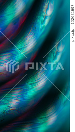 Defocused ink mix. Oil fluid. Green purple blue color round bubble liquid texture wave floating on abstract acrylic art neon background. 132681697