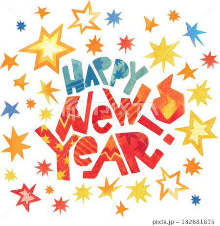 Happy New Year Watercolor Lettering Clipart Fire Horse Theme 132681815