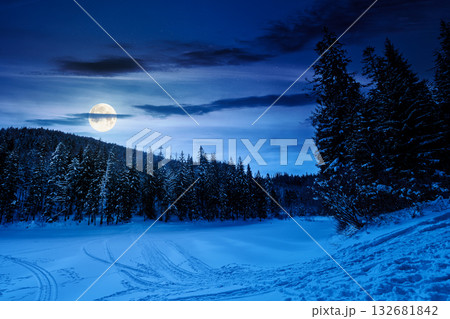 winter landscape with snow covered ground at night. mountains with frozen lake among spruce forest in full moon light. scenic view of winter wonderland. background for investment or abstract concepts 132681842