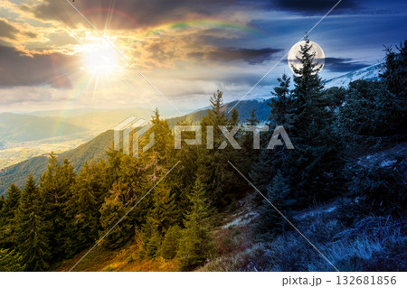 coniferous forest in mountain landscape. day and night time change concept. scenic place in national park with sun and moon. panoramic view of valley and lush slope. duality and transition template 132681856