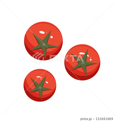 Red ripe cherry tomatos. Flat vector illustration. Top view. Culinary illustration, poster, organic gardening concept. Red ripe cherry tomatos. Flat vector illustration. Top view. Culinary illustration, poster, organic gardening concept. 132681869
