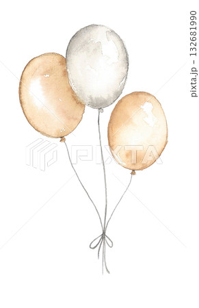 Watercolor illustration of three pastel balloons tied together. Good for birthday card, baby shower invitation, greeting, festive label, children party decor, scrapbook, nursery art, memory project. 132681990