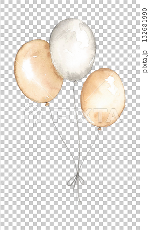 Watercolor illustration of three pastel balloons tied together. Good for birthday card, baby shower invitation, greeting, festive label, children party decor, scrapbook, nursery art, memory project. 132681990