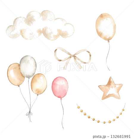 Watercolor set of elements: fluffy cloud, pastel balloons, gold bow, star, bead garland. Perfect for birthday invitation, greeting card, baby art, nursery project, celebration scrapbook, craft idea. Watercolor set of elements: fluffy cloud, pastel balloons, gold bow, star, bead garland. Perfect for birthday invitation, greeting card, baby art, nursery project, celebration scrapbook, craft idea. 132681991